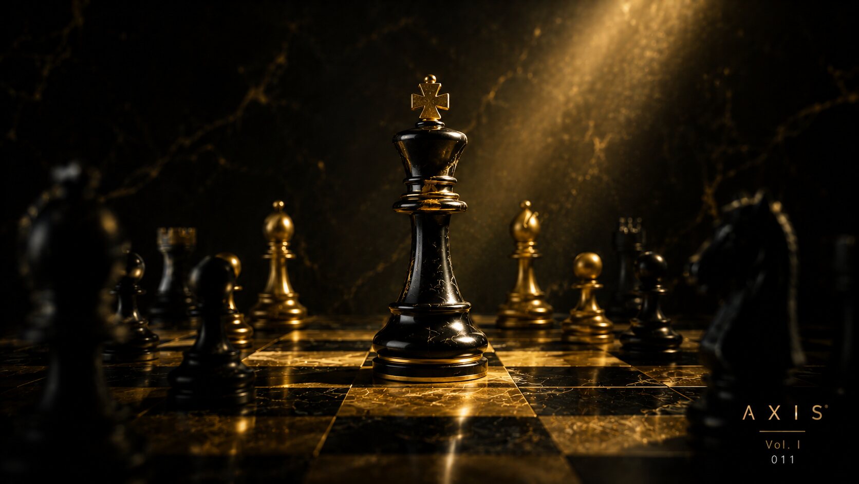 A black and gold chess king under focused light