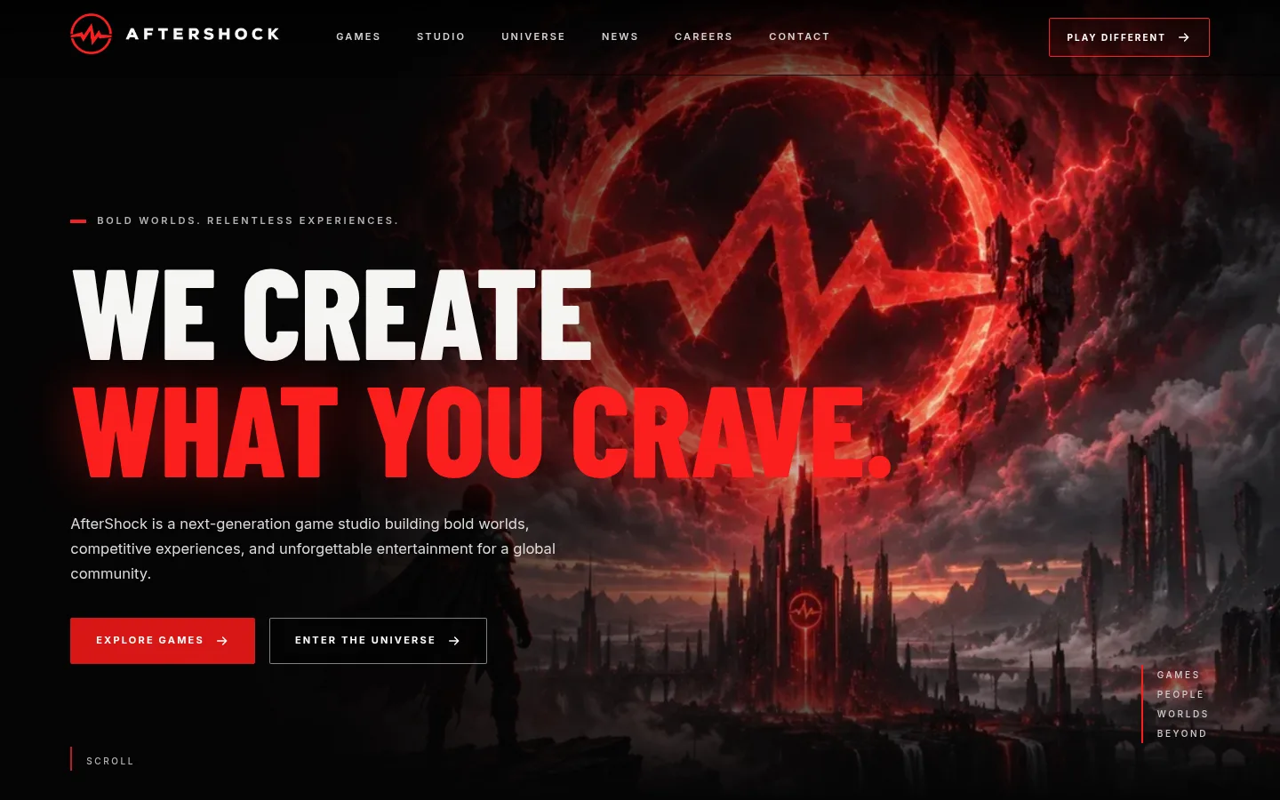 AfterShock Studios: Public website, home page, desktop width, captured 11 October 2026
