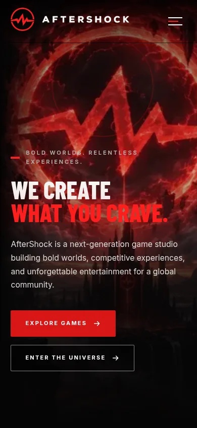 AfterShock Studios: Public website, home page, phone width, captured 11 October 2026