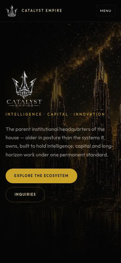Catalyst Empire: Public website, home page, phone width, captured 11 October 2026